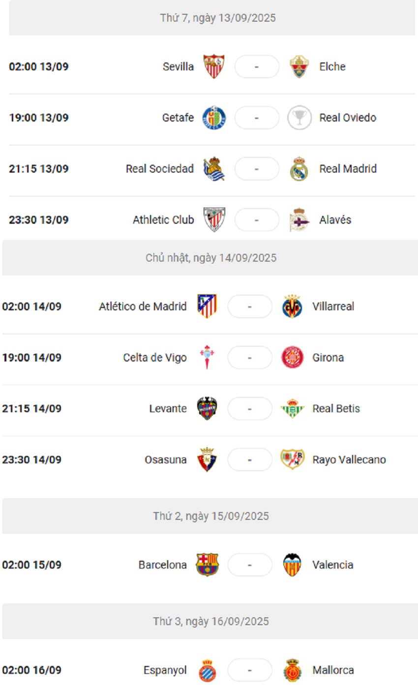 Lich thi dau vong 4 La Liga 2025/26