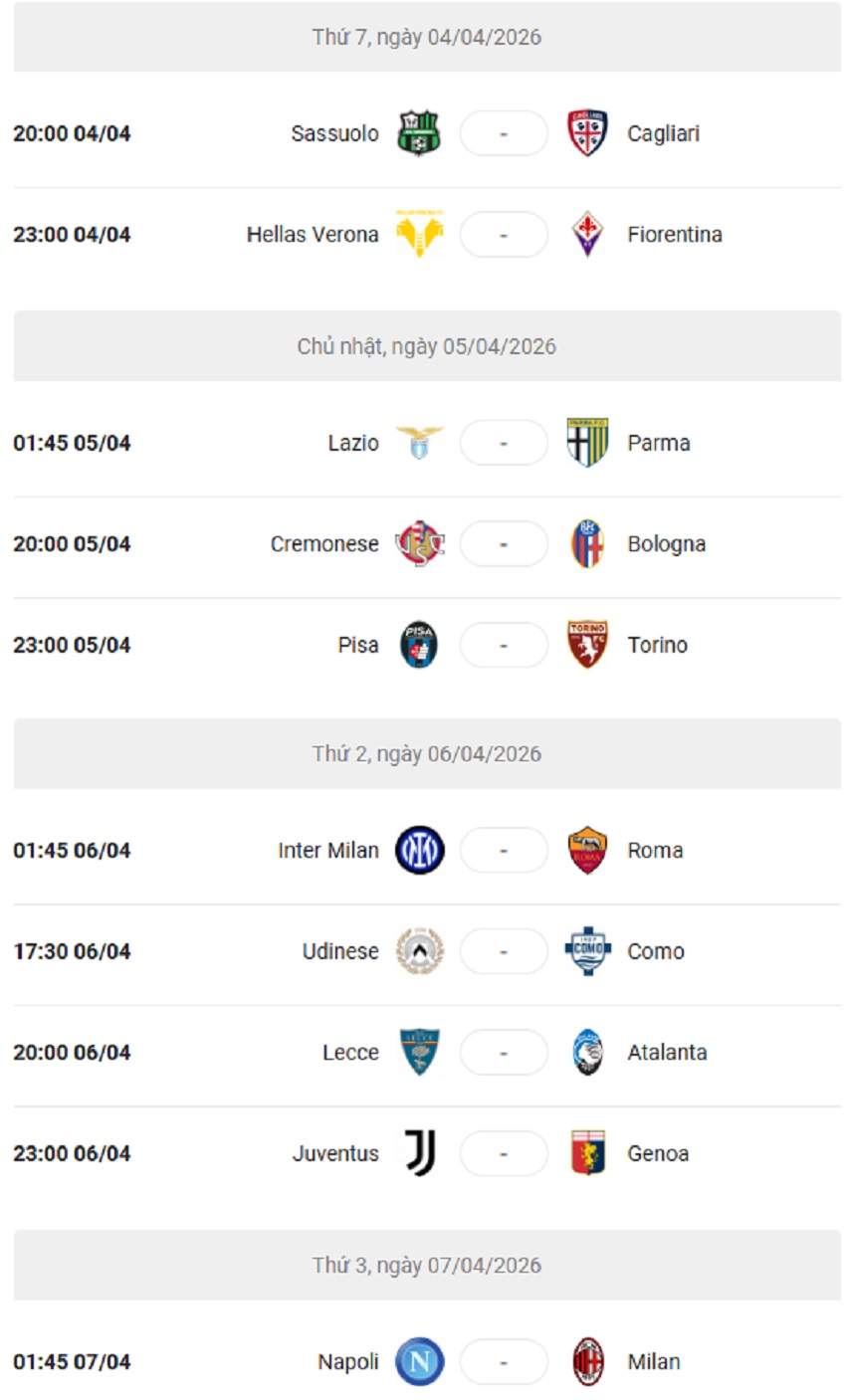 Lich thi dau Serie A 2025/26 vong 31