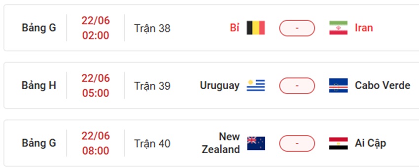 Lich thi dau VCK World Cup 2026 ngay 22/6/2026