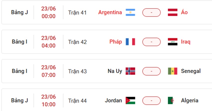 Cập nhật lịch thi đấu VCK WC 2026 ngày 23/6/2026 Lich thi dau VCK WC 2026 ngay 23/6/2026