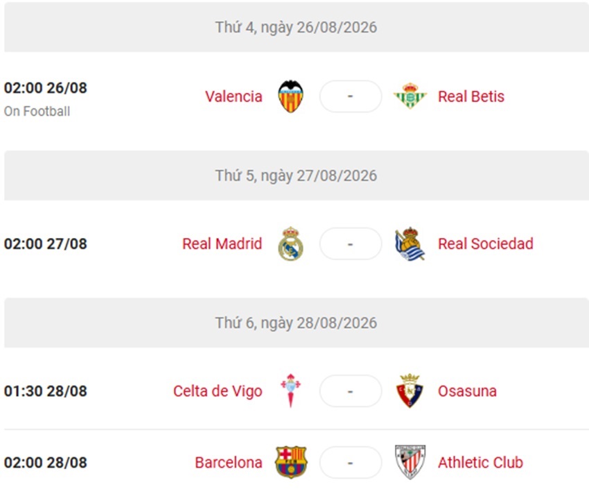 Lich thi dau La Liga 2025/26 vong 1
